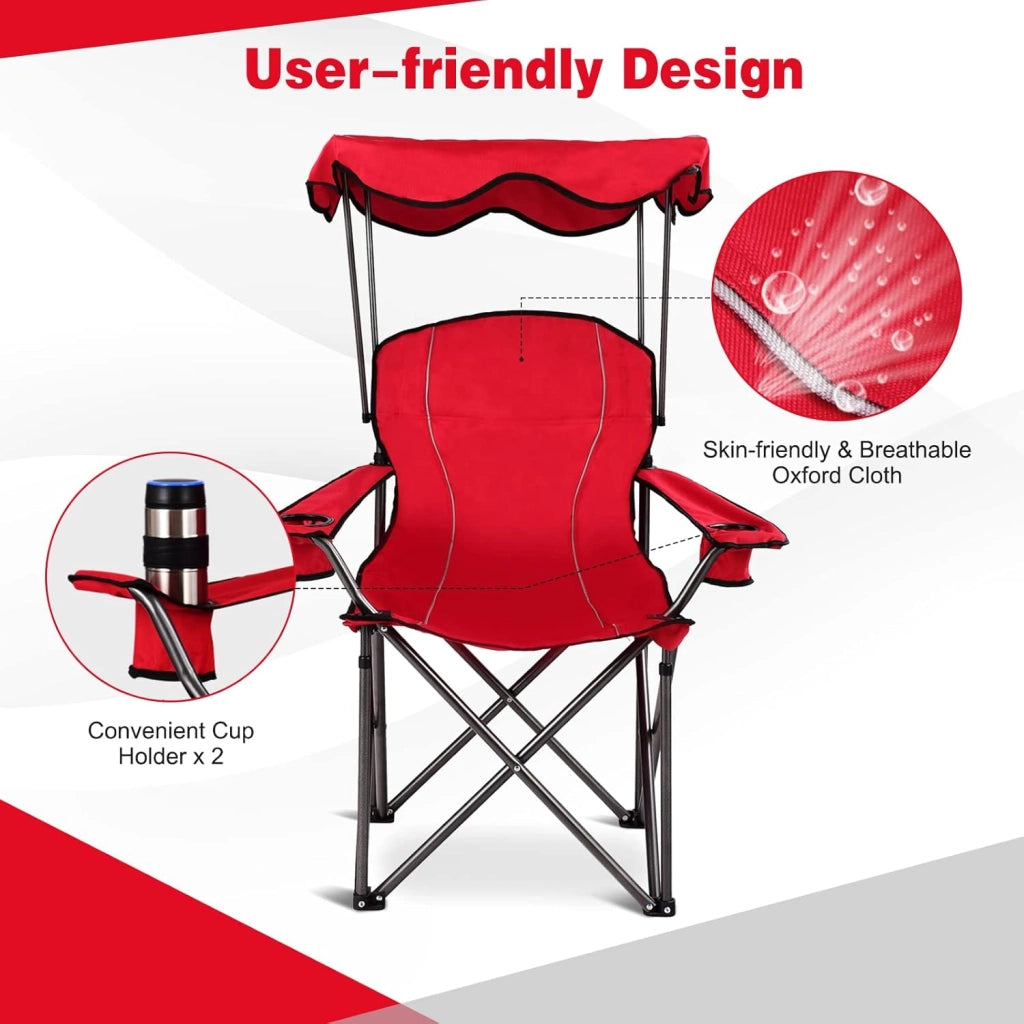 Sedia Pieghevole da Campeggio Leggera con Tetto, 2 Portabicchieri e Borsa per il Trasporto, per Patio, Spiaggia, Campeggio, 91x67x137cm, 2 Colori (Rosso)