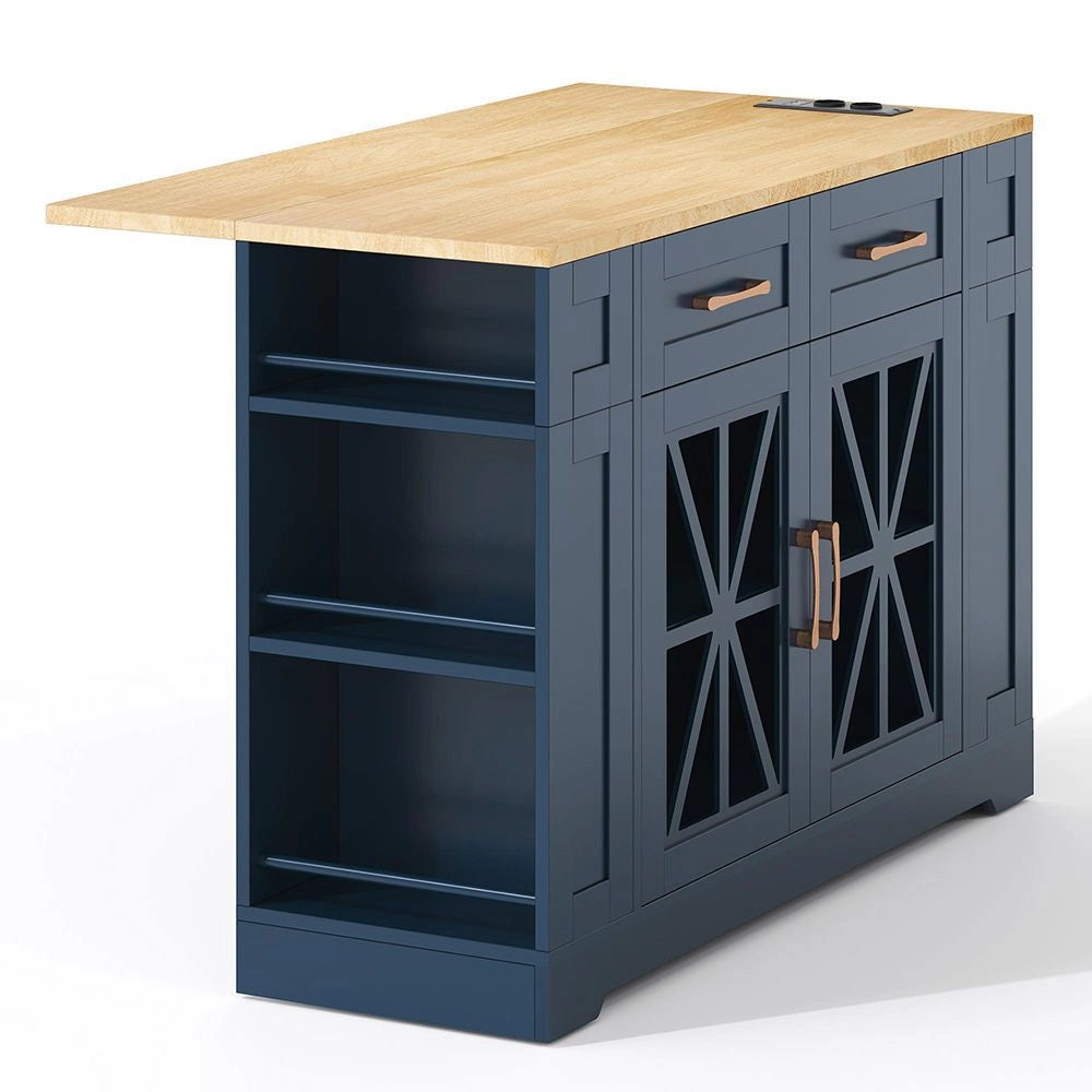 ?lot da cucina portatile 120 cm - Xylo - Tavola pieghevole, ripiani aperti, prese AC/USB