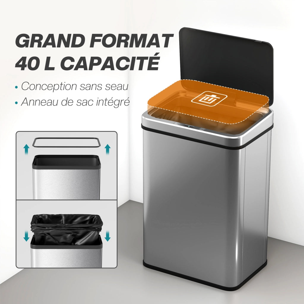 Bidone 40 Litri con Sensore ¨C zephmum ¨C Acciaio Inossidabile Argento