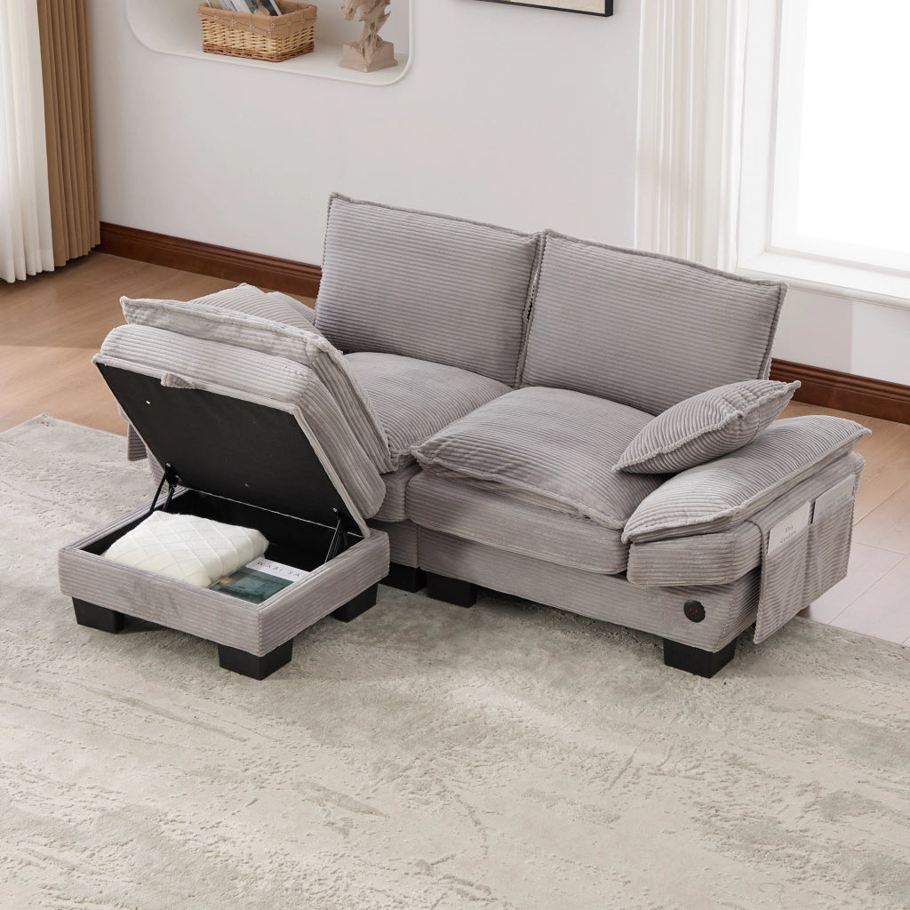 Divano 2 posti in tessuto corduroy con pouf, seduta ergonomica, USB-C e tasche laterali, grigio chiaro