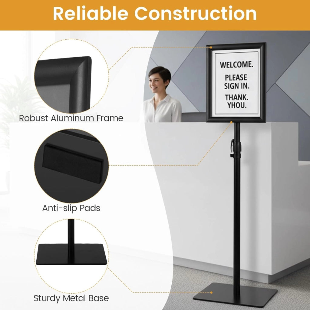 Supporto per poster A4, set di 2 espositori con rotazione a 360°, altezza regolabile 74-118 cm, base ponderata, pannello per menu, matrimonio, ristorante (nero, 2)