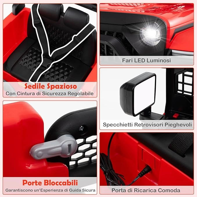 12V Macchina elettrcia per Bambini, Auto con Telecomando 3 Velocità Luci LED Musica, Doppi Motori, Veicolo Elettrico per Bambini 3+ Anni, Carico 30 kg (Rosso)