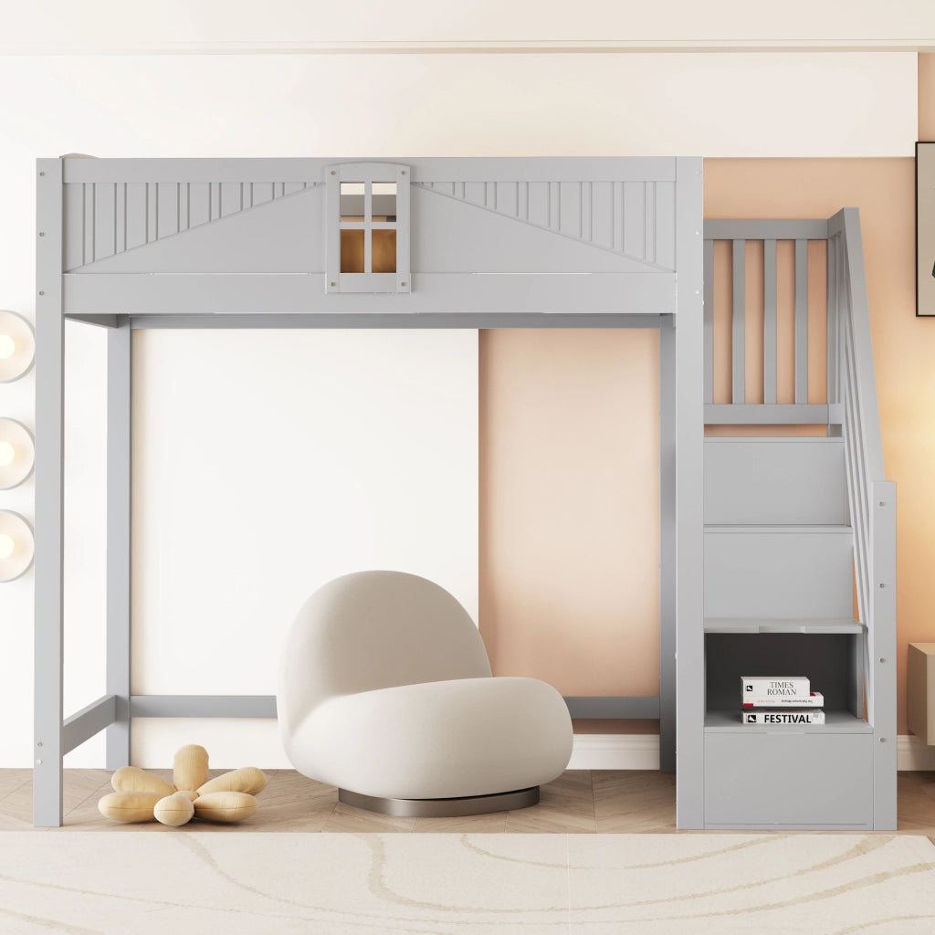 Letto a soppalco 90x200 cm con scaletta reversibile e vano portaoggetti in legno grigio