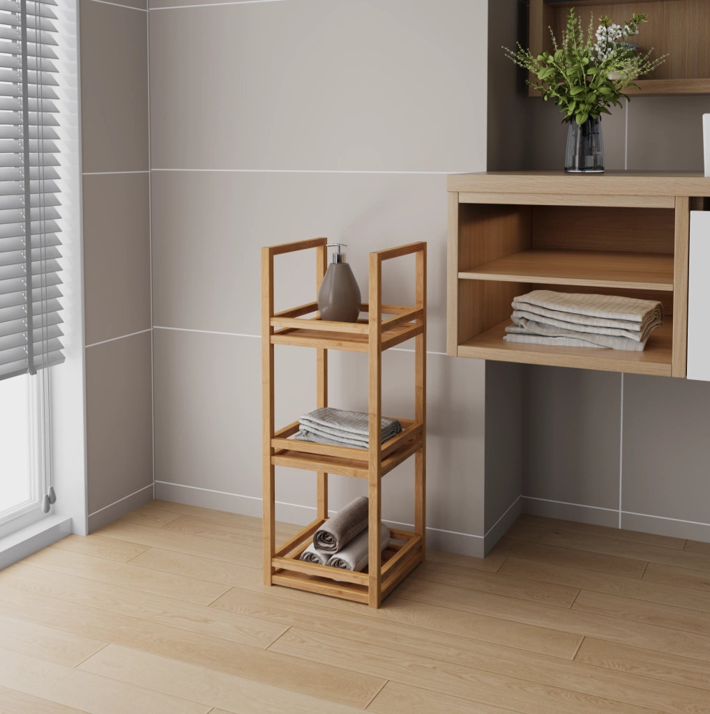 Scaffale da bagno 70x26x26 cm in bambù naturale， 3 ripiani， salvaspazio