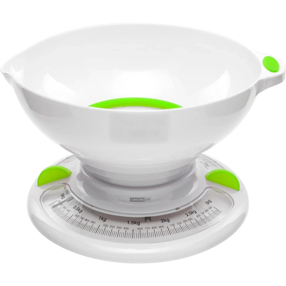 Trade Shop - Bilancia Da Cucina Meccanica Analogica Max 3kg Ciotola Con Beccuccio Versatore Salvaspazio -