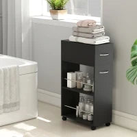 Carrello da Cucina con 2 Ripiani Aperti, Cassetto e Parapetti, Legno e Acciaio Inox, 25x50x85 cm, Nero