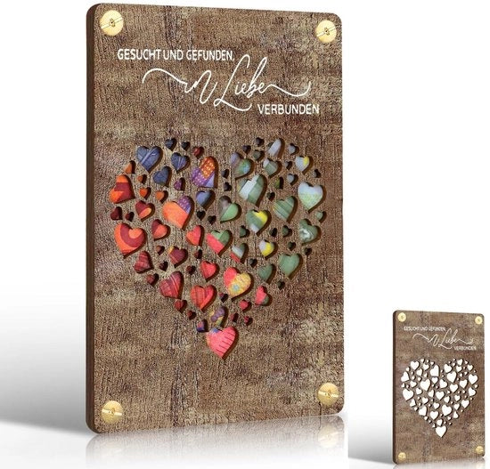Regalo di legno per il matrimonio con cartolina di auguri