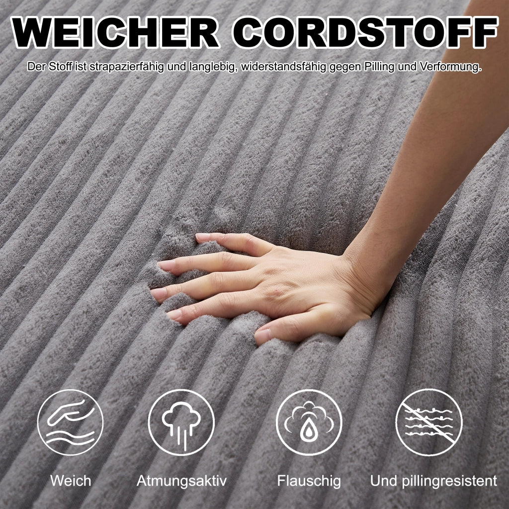 Divano letto modulare in corduroy con pouf removibile, braccioli quadrati e configurazione flessibile, grigio