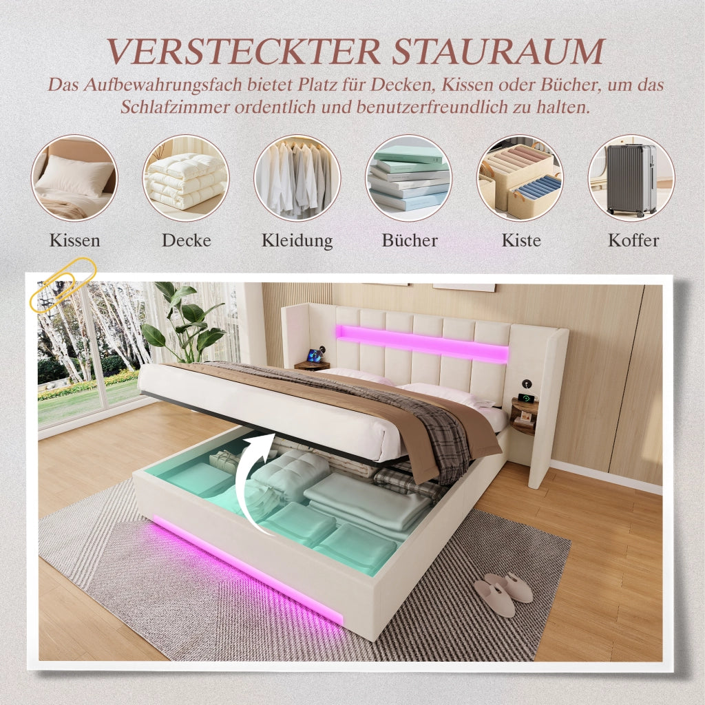LETTO Contenitore 180x200 cm in velluto beige con LED, USB e cassetti laterali