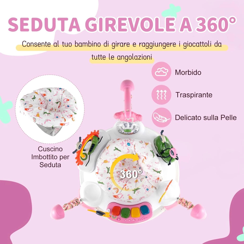 Jumperoo per Bambini, Saltarello Neonato con Altezza Regolabile, 6 Giocattoli Interattivi, Centro attività con Sedile Girevole a 360°, Gioco Saltellante con Suoni per Bambini 6+ Mesi (Rosa)