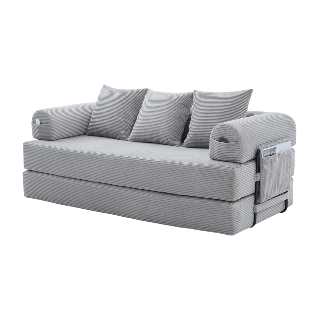 Divano modulare 200x94x67 cm con tasca laterale e 3 cuscini in velluto a coste grigio chiaro