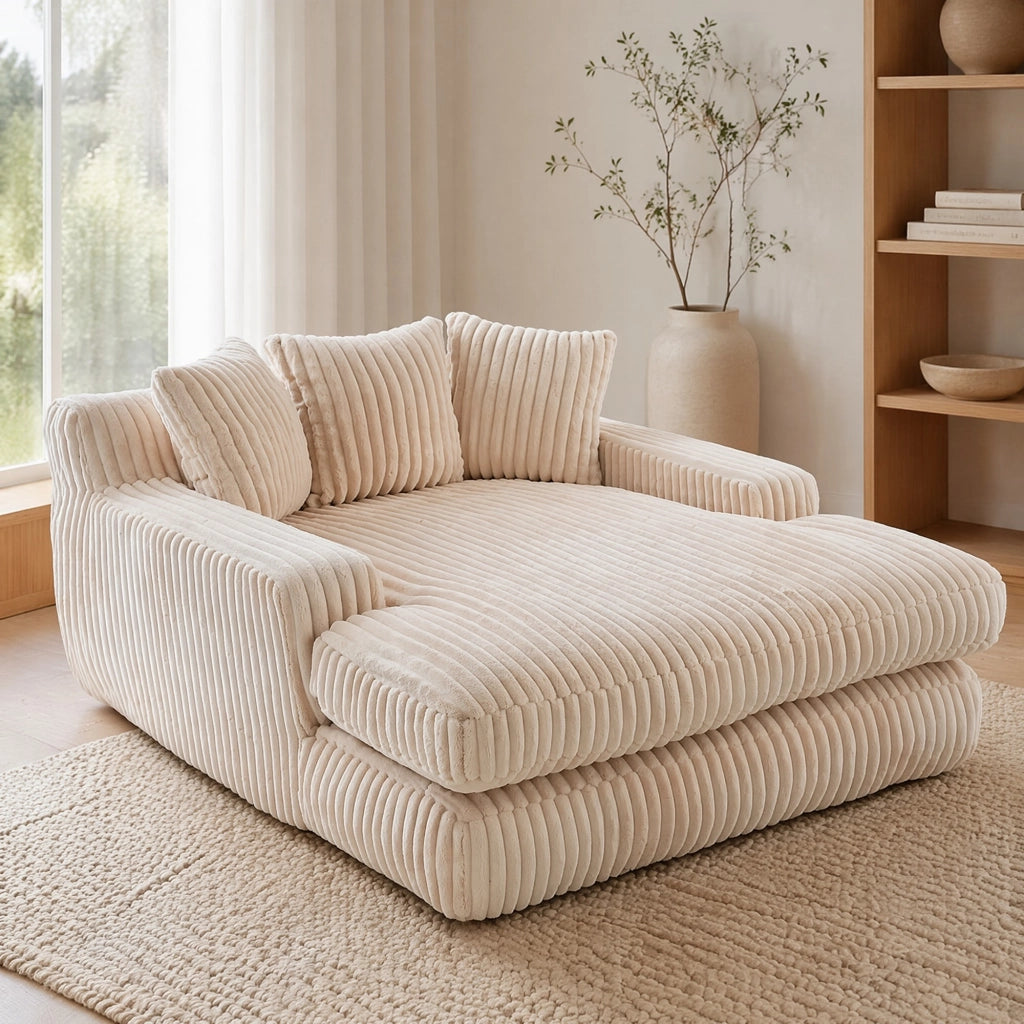 Méridienne Poltrona Pouf con Design Ergonomico e 3 Cuscini, in Velluto a Coste Beige 125 × 155 × 63 cm