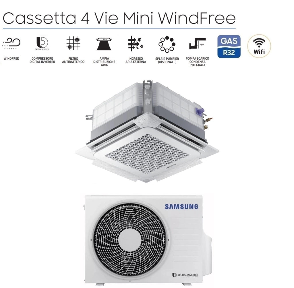 Condizionatore a Cassetta 4 Vie Samsung Mini Windfree 18000 Btu AC052RNNDKG R-32 Wi-Fi Optional con Pannello