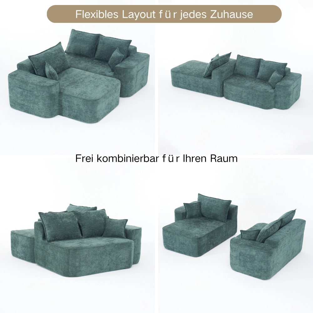 Divano angolare modulare con chaise longue, senza montaggio, tasche laterali, in Ciniglia Verde 262 × 144 × 65 cm
