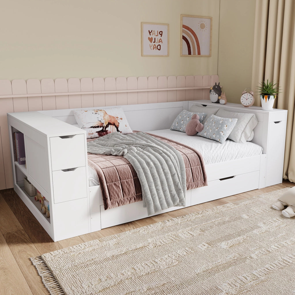 OKWISH Letto a Divano 140×200 cm, Letto Matrimoniale con Cassetto Grande, Ripiani e Armadietti Contenitore, senza Materasso, in MDF, Bianco