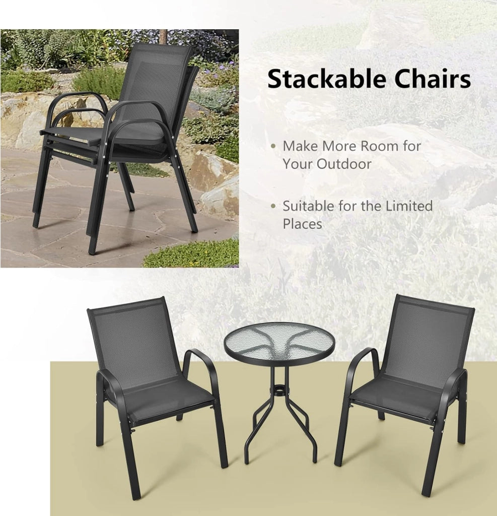 Set di 2 Sedie da Giardino con Tavolo in Vetro, Schienale Alto e Seduta Larga, Telaio in Acciaio Verniciato a Polvere, Tessuto Textilene Traspirante, per Balcone e Esterno (Nero)