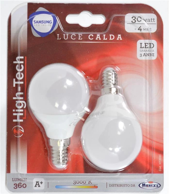 HIGH-TECH SET 2 LAMPADINE LED SAMSUNG SFERA E14 4W G45 LUCE CALDA 3000K 360 LUMEN