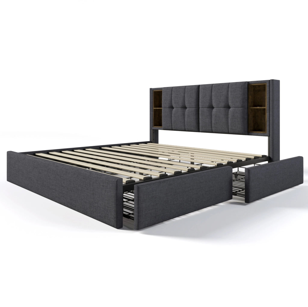 Letto matrimoniale 160x200 cm con ricarica wireless; USB C e 4 cassetti; lino grigio