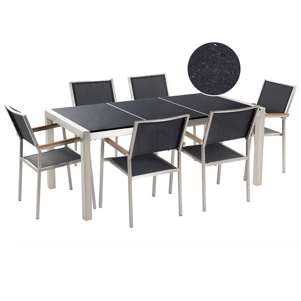 Set da pranzo da giardino Nero con piano in granito Nero 6 posti 180 x 90 cm piastra tripla