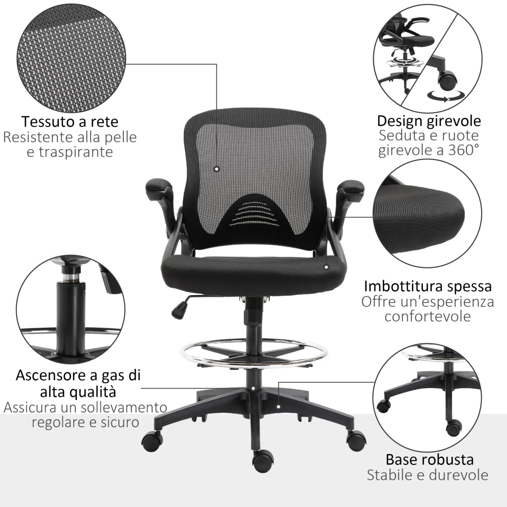 Sedia da Ufficio Traspirante con Braccioli Ribaltabili e Altezza Regolabile 64x60x106-126 cm Nero