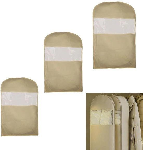 Organizzatori di abbigliamento spazievendenti - 3 pezzi - Organizzatore di donsja - Cappotto di stoffa con cerniera - 130cm/110cm/90cm - Beige - Borsa di conservazione