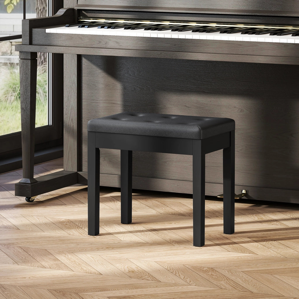 Panca da Pianoforte con Contenitore ¨C Xylo ¨C Ecopelle Trapuntata con Bottoni, Gambe in Legno, Nero