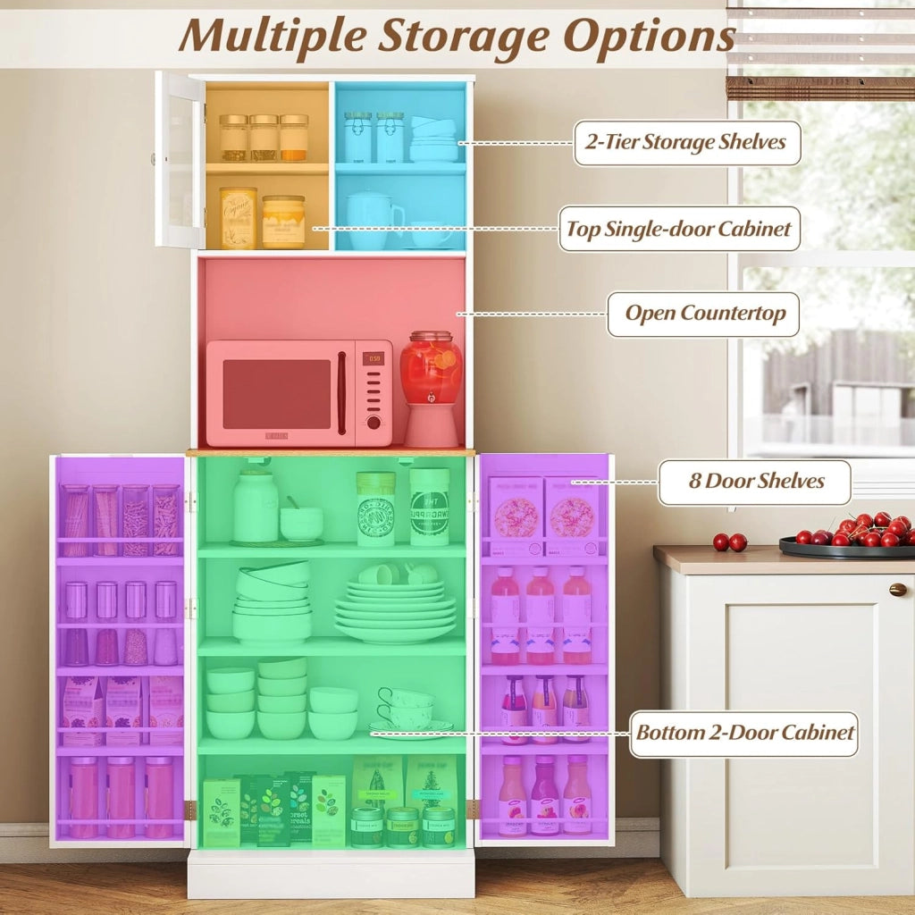 Armadietto da cucina da 170 cm, mobile ausiliario con 3 porte, 5 ripiani regolabili e scomparti sulla porta, kit antiribaltamento, armadio alto moderno per cucina, sala da pranzo, soggiorno