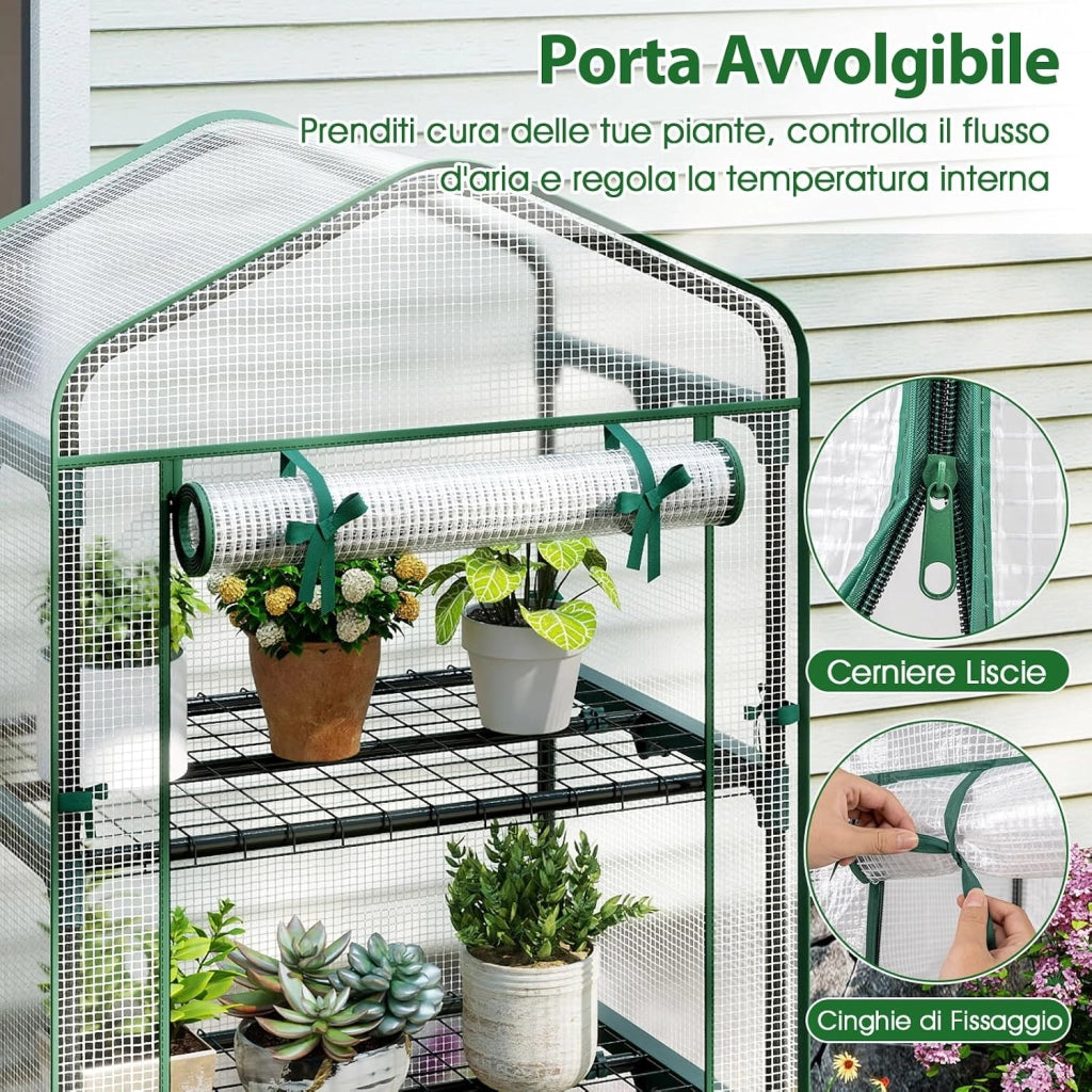 Mini Serra da Esterno ed Interno, Serra da Giardino con 5 Ripiani, Copertura in PE, Porta con Cerniera a Rotolo e Telaio in Metallo Antiruggine, Ideale per Balcone, Patio e Giardino