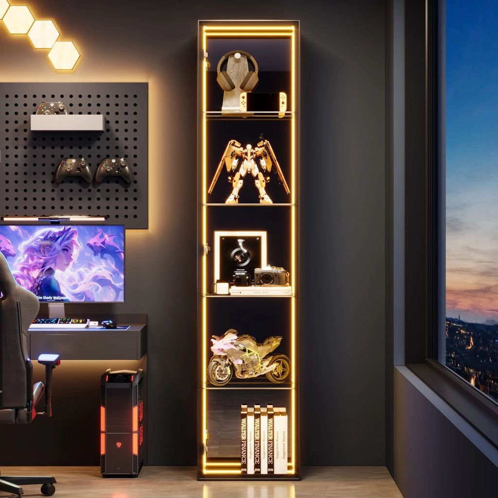 Vetrina in vetro temperato 30 x 30 x 160 cm con telaio in alluminio, 5 ripiani, LED perimetrale e chiusura soft-close, nero