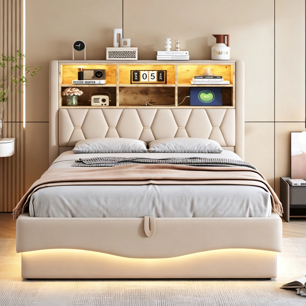 Letto matrimoniale contenitore 140x200 cm con LED tramite App; rete in metallo; USB e vano contenitore; lino beige