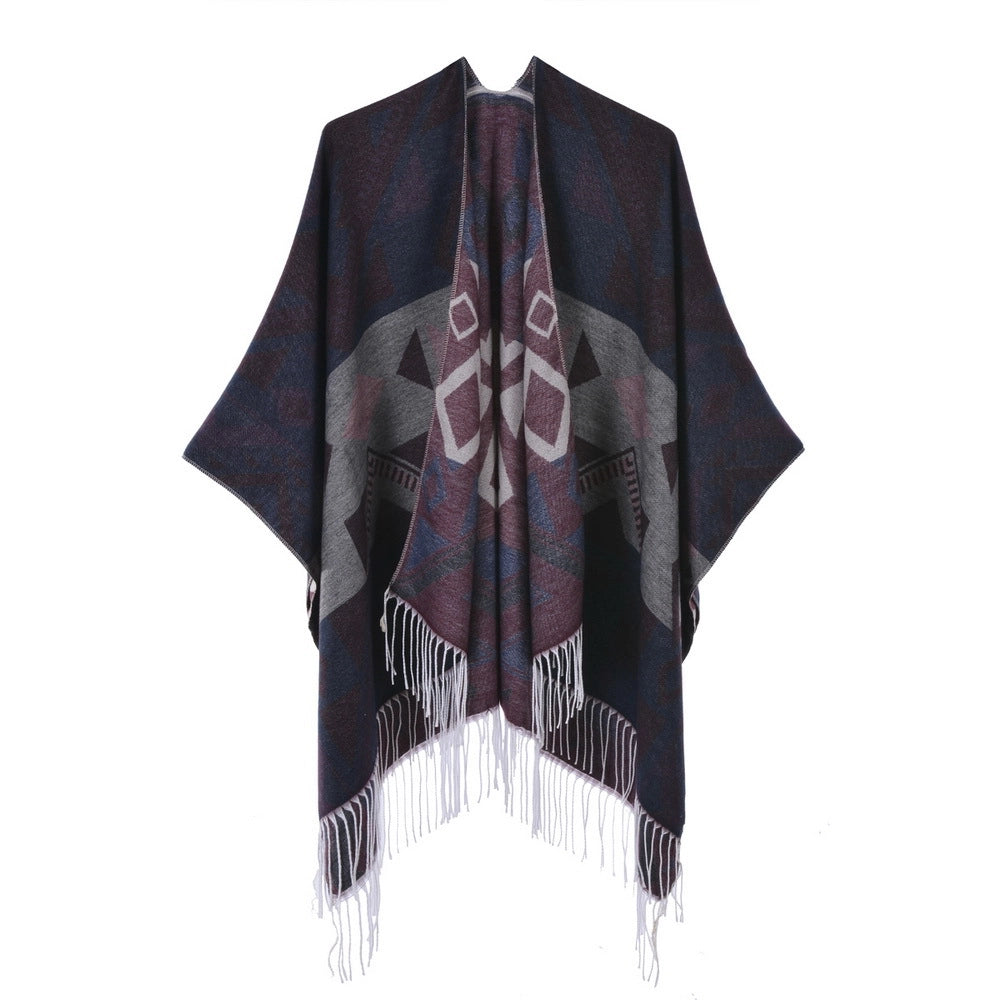 Sciarpa/mantella da donna con spacco e nappe, double face, in cashmere, spessa, calda, taglia grande