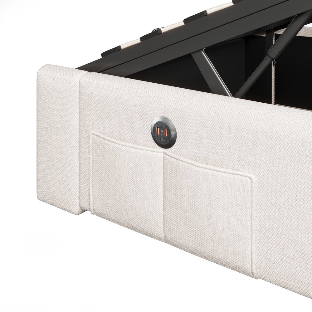 Letto Imbottito Contenitore con LED ¨C MINIMAL ¨C 90x200, Beige, Idraulico, USB