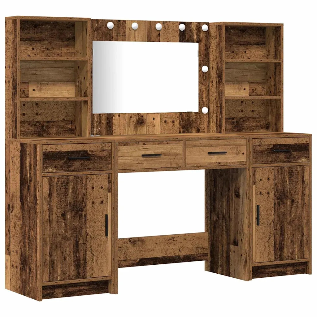 Set da Toeletta | Tavolo da Trucco con LED con porta 3 pz Legno vecchio