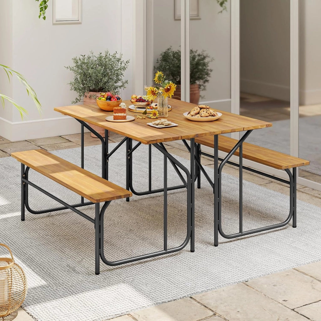 Panca da tavolo da picnic mezza per 2 persone, set tavolo da pranzo e panca in legno di acacia con struttura in metallo resistente, per patio, veranda, giardino, cortile posteriore