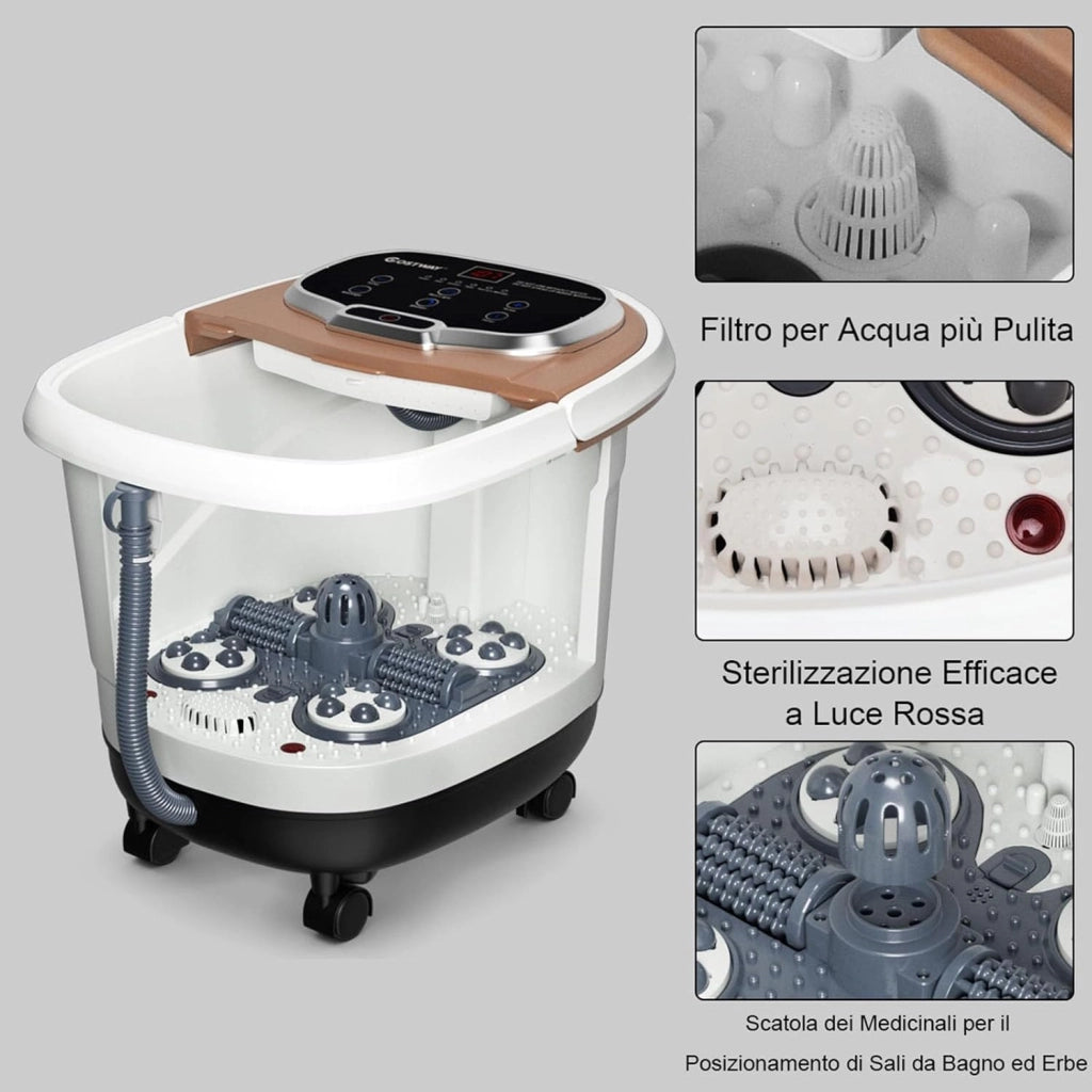 Idromassaggio per Piedi, Pediluvio Massaggiatore Plantare Massaggio Shiatsu, con Funzione Calore Timer e Rulli Luce a Infrarossi, Idromassaggiatore 15L (Marrone)