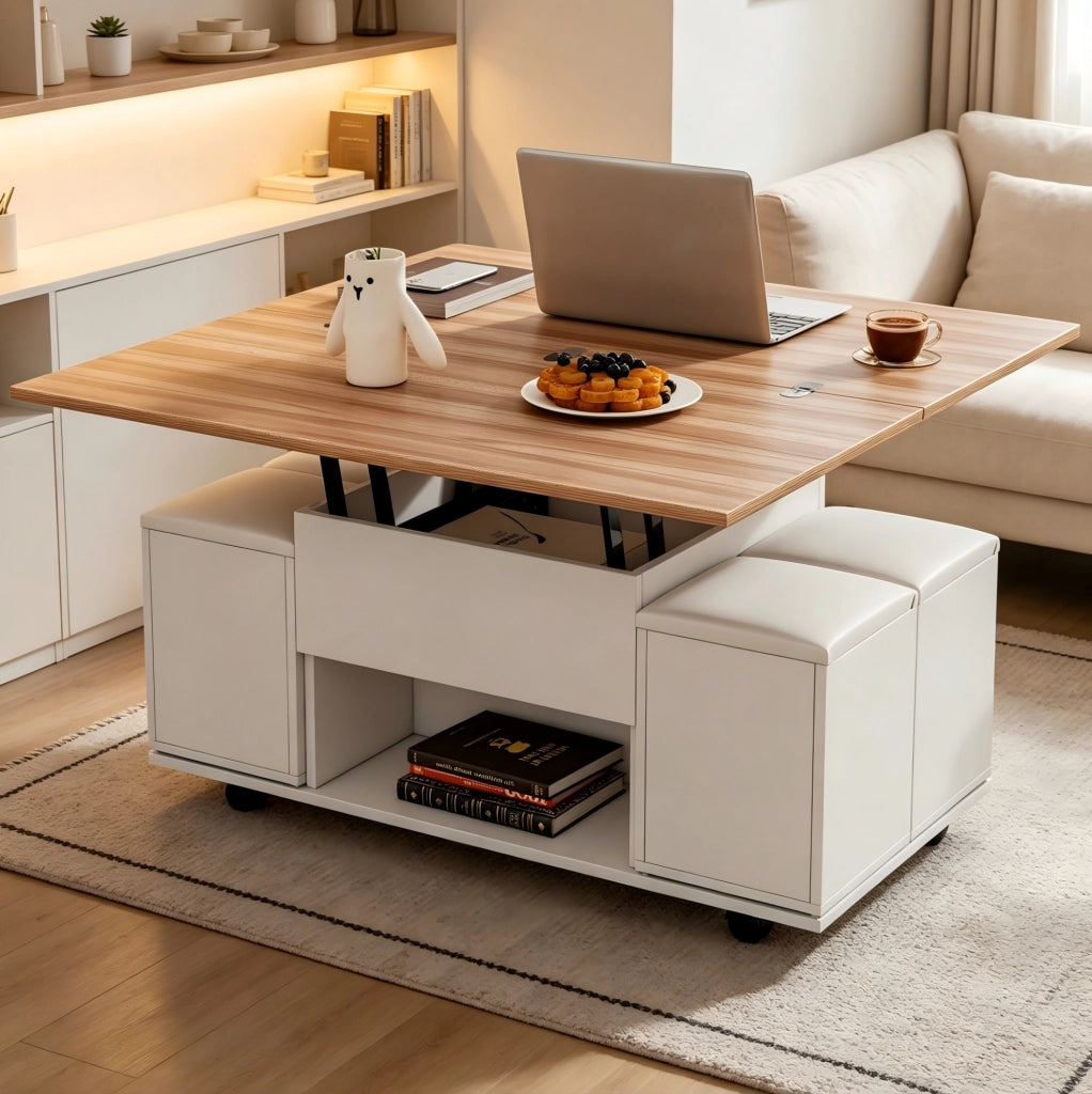 Tavolino da caffè 100x100x63.5 cm regolabile in altezza con contenitore; pannello di particelle bianco e naturale