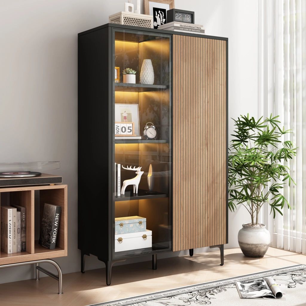 Credenza alta con 2 ante, vetro temperato, MDF, 90×40×135 cm, nero e effetto legno, con LED RGB controllati da app, 8 vani e 2 colli