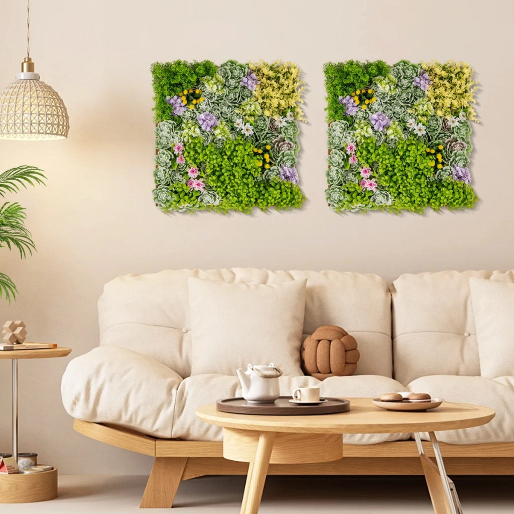 2 Pezzi arte da parete di fogliame artificiale incorniciato da 50x50cm, Succulente 3D appese con 10 tipi di piante-Piante artificiali