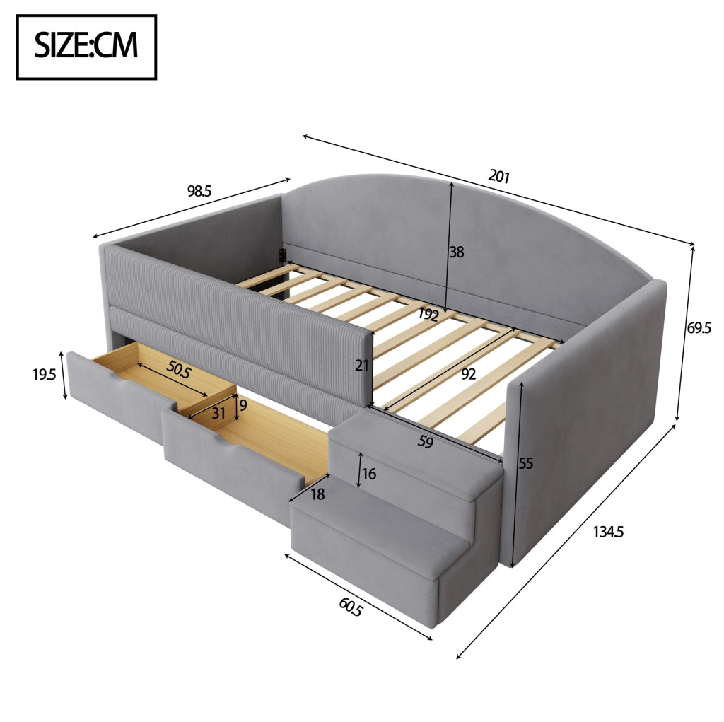 Letto imbottito 90x190 cm con due cassetti e scalini in velluto