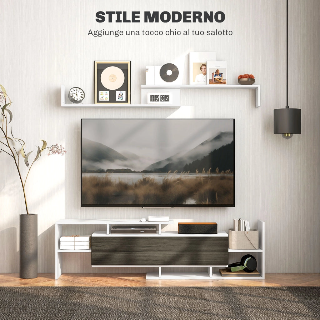 Mobile TV con Mensola a Muro, Ripiani Aperti e Armadietto in Legno, Bianco e Nero