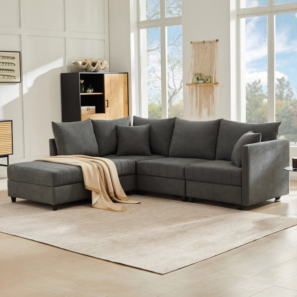Divano angolare modulare 5 posti con pouf mobile e seduta ampia con cuscini per soggiorno in cotone e lino grigio