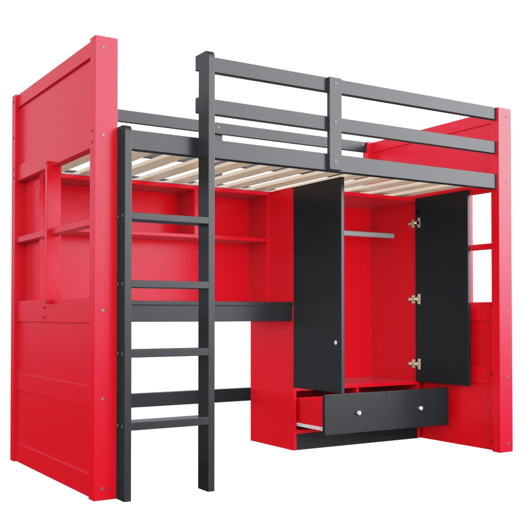Letto a soppalco ULEVR 90x200 cm nero e rosso con scrivania, armadio, cassetti, LED e prese
