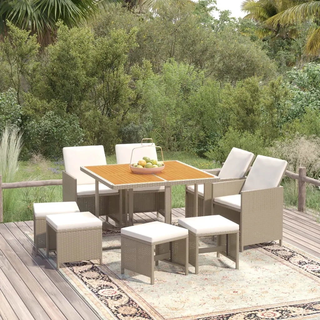 Set da Pranzo per Giardino 9pz con Cuscini in Polyrattan Beige cod mxl 38595
