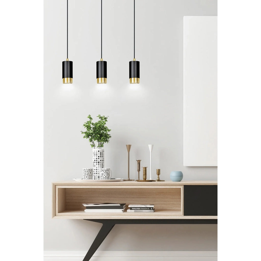Lampadario 3 Luci Ivar Con Cilindri In Acciaio Nero E Oro