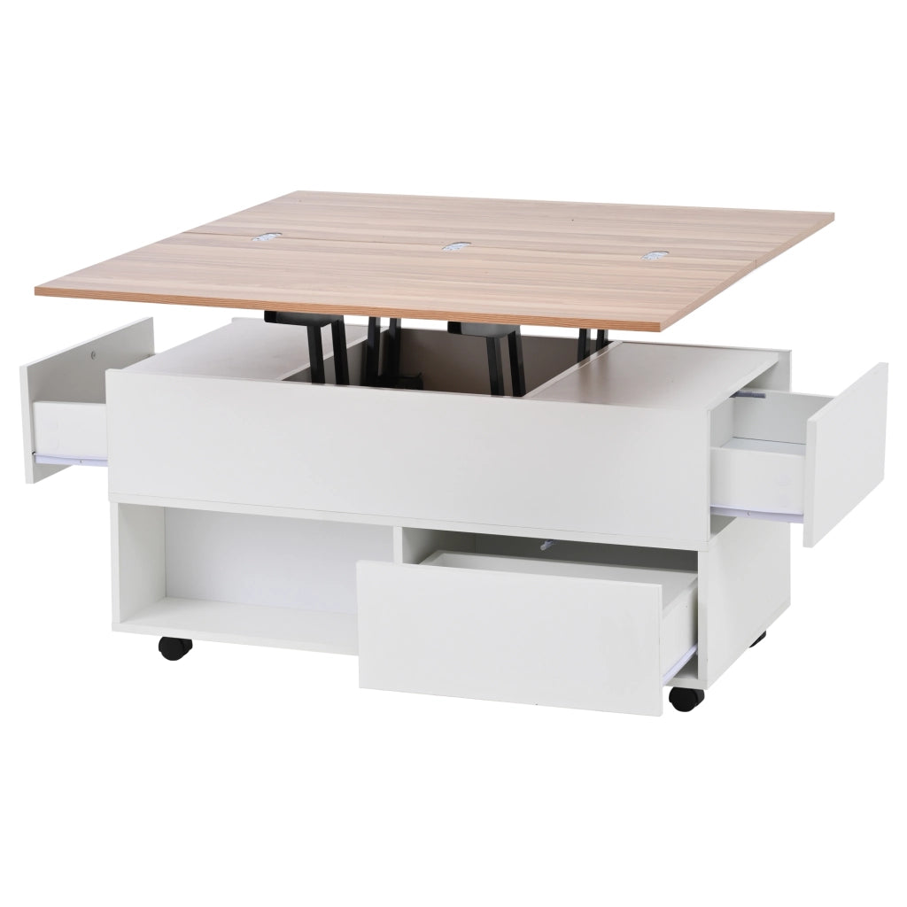Tavolino da Salotto Sollevabile 100x50 cm con 4 Ruote e 4 Cassetti Bianco e Legno