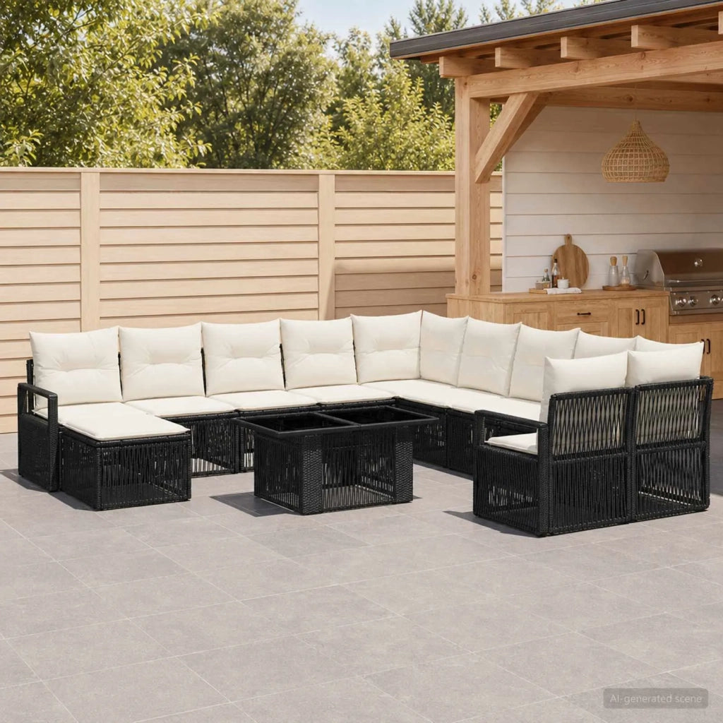 Set Divano da Giardino 12 pz Nero e Bianco Crema polyrattan 3437191