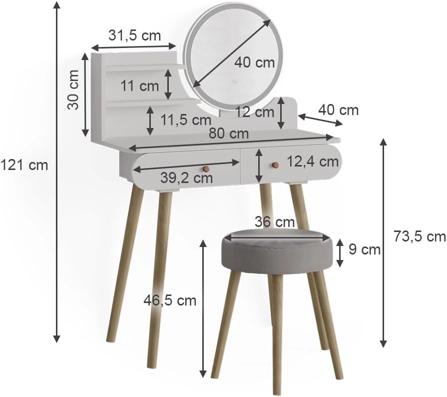 Vicco Tavolo da toeletta Edda, Bianco, 80 cm con illuminazione LED e sgabello, con specchio LED rotondo e sgabello coordinato
