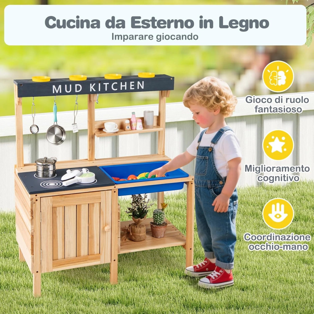 Cucina Giocattolo per Bambini, Cucina in Legno da Esterno con Lavello Removibile, Fornello, Pentole e Ripiani, Cucinetta Giocattolo Interattiva con Accessori per Bambini 3-8 Anni, Naturale