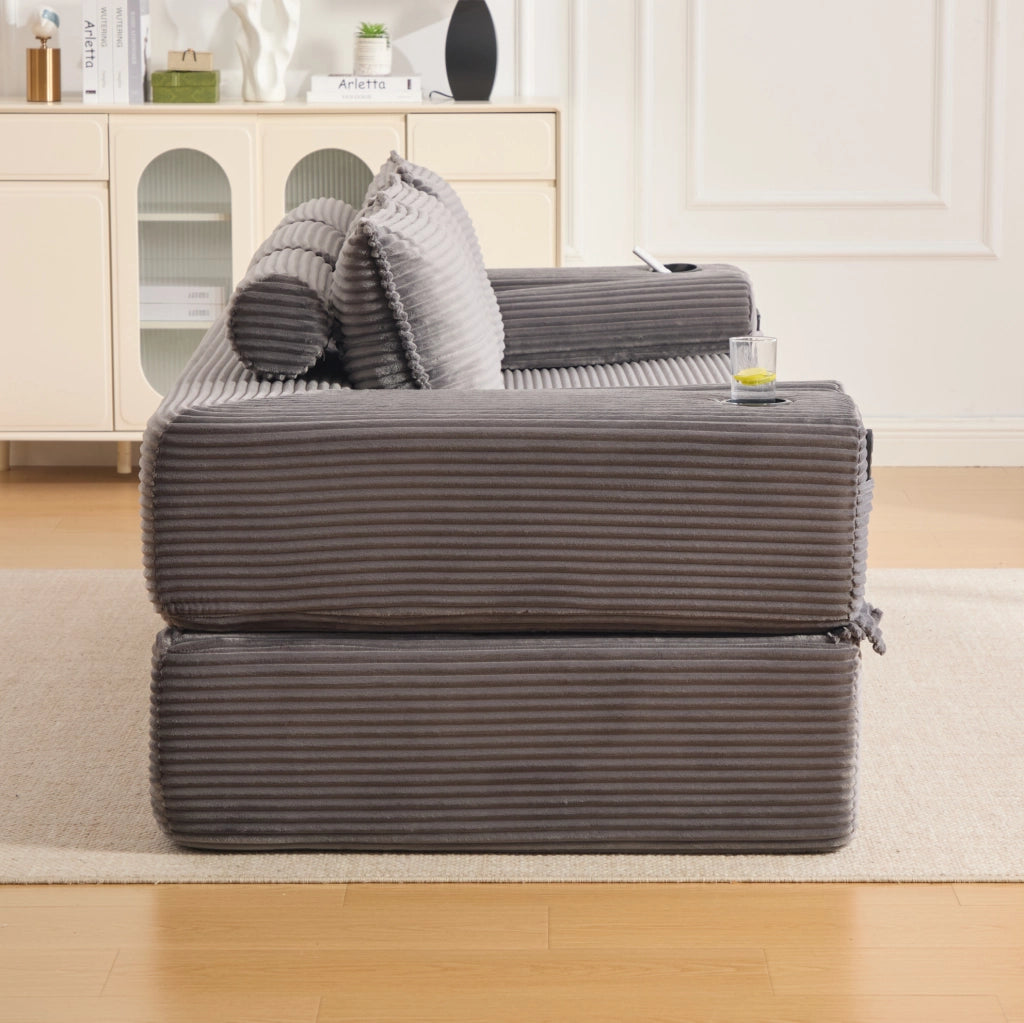 Divano Letto in Velluto a Coste per 3 Persone con Schiuma ad Alta Densità e Molle, Cuscini Memory e Porta Bevande, 232x98x80 cm