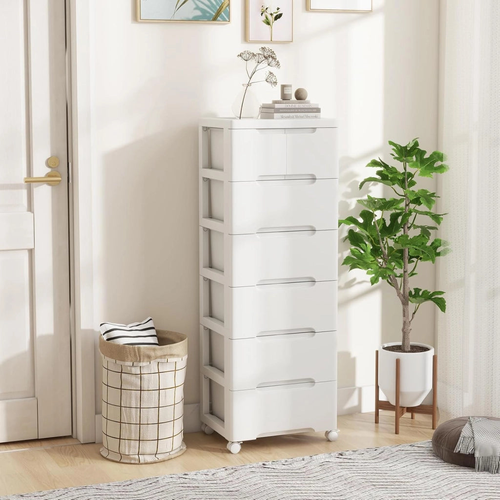 Armadietto per nicchia con ruote, scaffale per nicchia con 7 cassetti, carrello stretto con serratura a rotelle, carrello da bagno con piccolo armadio a cassetti 40 x 32 x 114 cm, bianco